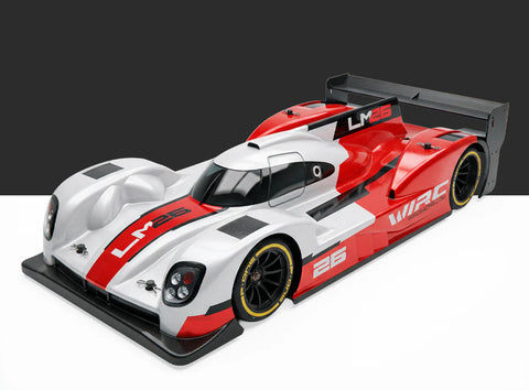 WIRC LM26 1/10 electric Le Mans prototype - front three-quarter view of painted red and white bodyshell