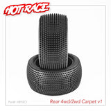 PAIR OF 1/10 TYRES V1 CARPET 4WD/2WD REAR SOFT/MEDIUM - HOT RACE