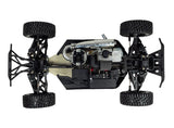 WIRC ST8 chassis top-down view showing nitro engine, exhaust, and aluminium chassis plate