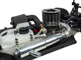 WIRC ST8 close-up of Avarus nitro engine, tuned exhaust pipe, and fuel tank