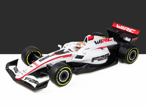 WIRC F26 1/10 electric Formula car - front three-quarter view of white and red painted bodyshell with driver figure